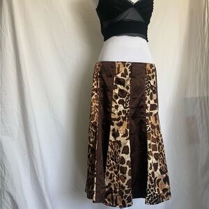 Vintage Brown Animal Print A-Line Midi Skirt